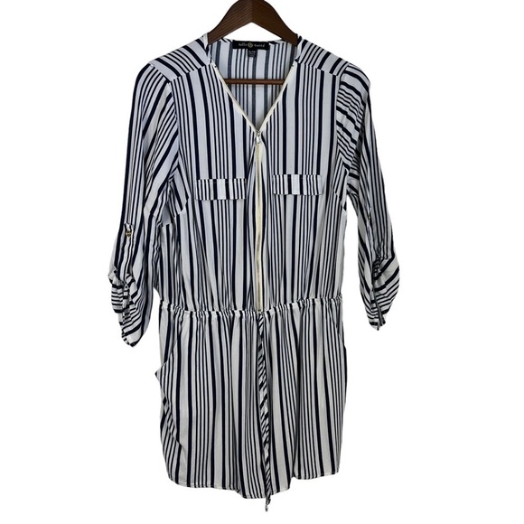 Belle TWEED QUARTER SLEEVE STRIPED SHORTS ROMPER WITH CINCHED WAIST - Picture 1 of 10